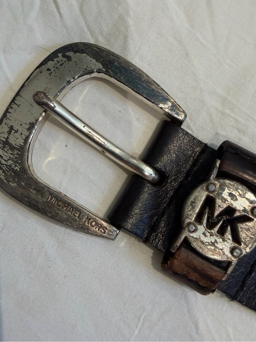 Michael Kors Black Leather Belt with Silver-Tone MK Buckle